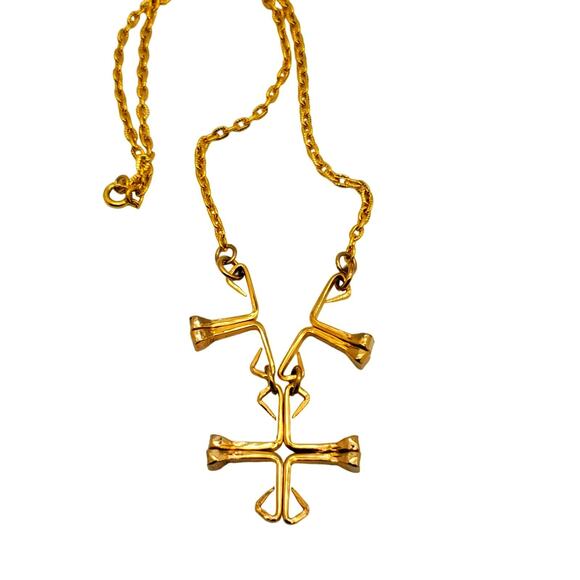 Brutalist Cross Pendant Necklace Gold Tone Chain Horse Nail Christian Religious - Picture 2 of 8